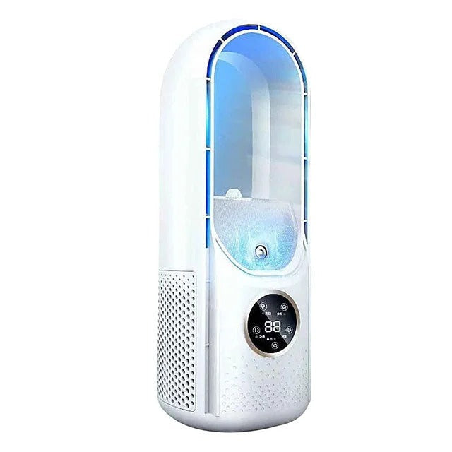 Silent portable air conditioner with sleek, blade-free design, shown in chic white and blue. Ideal for home and office use.