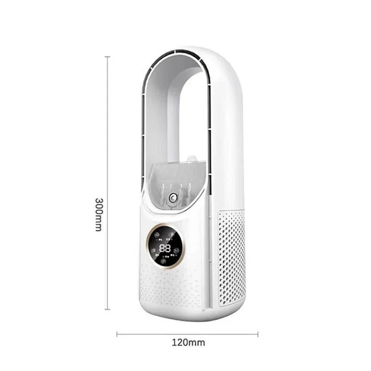 Silent portable air conditioner with sleek, blade-free design, shown in chic white and blue. Ideal for home and office use.