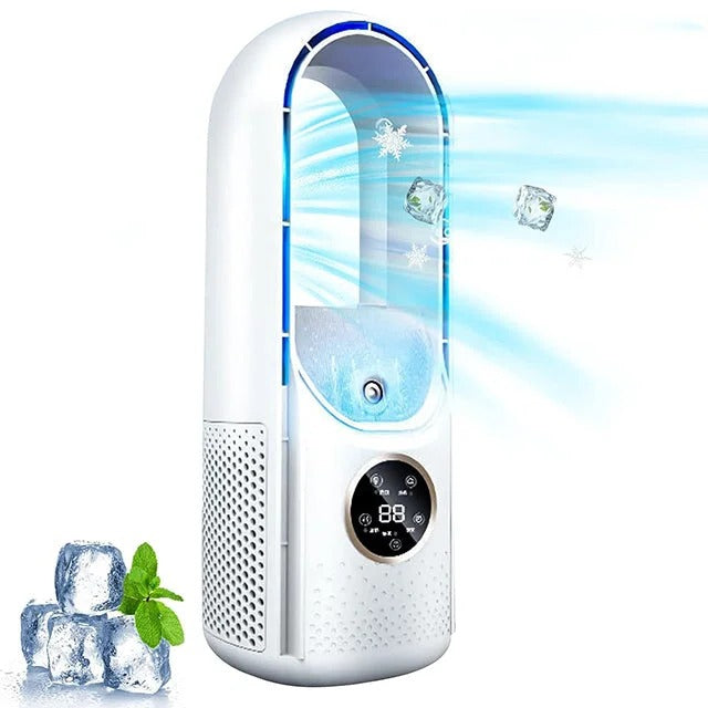 Silent portable air conditioner with sleek, blade-free design, shown in chic white and blue. Ideal for home and office use.