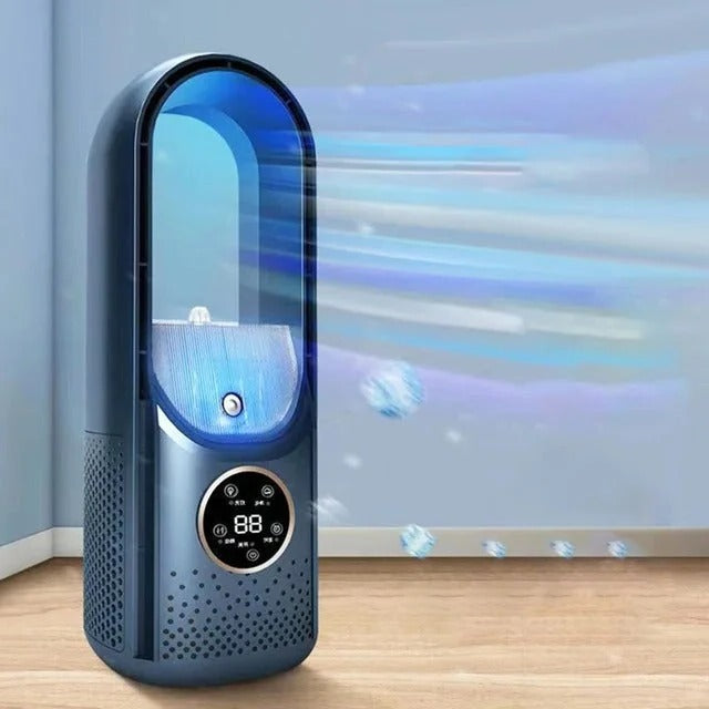 Silent portable air conditioner with sleek, blade-free design, shown in chic white and blue. Ideal for home and office use.