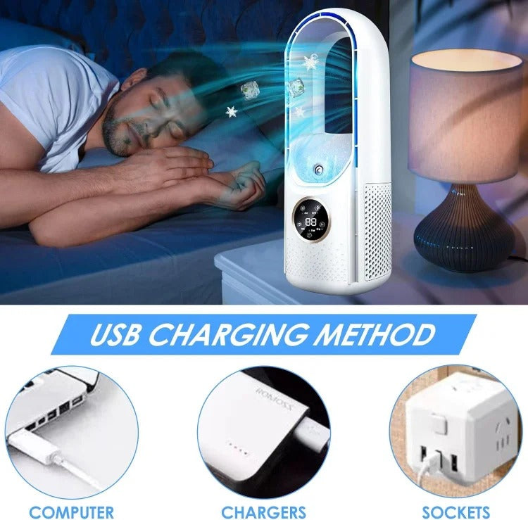 Silent portable air conditioner with sleek, blade-free design, shown in chic white and blue. Ideal for home and office use.