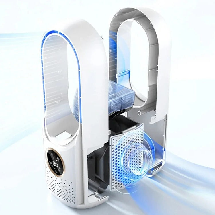 Silent portable air conditioner with sleek, blade-free design, shown in chic white and blue. Ideal for home and office use.