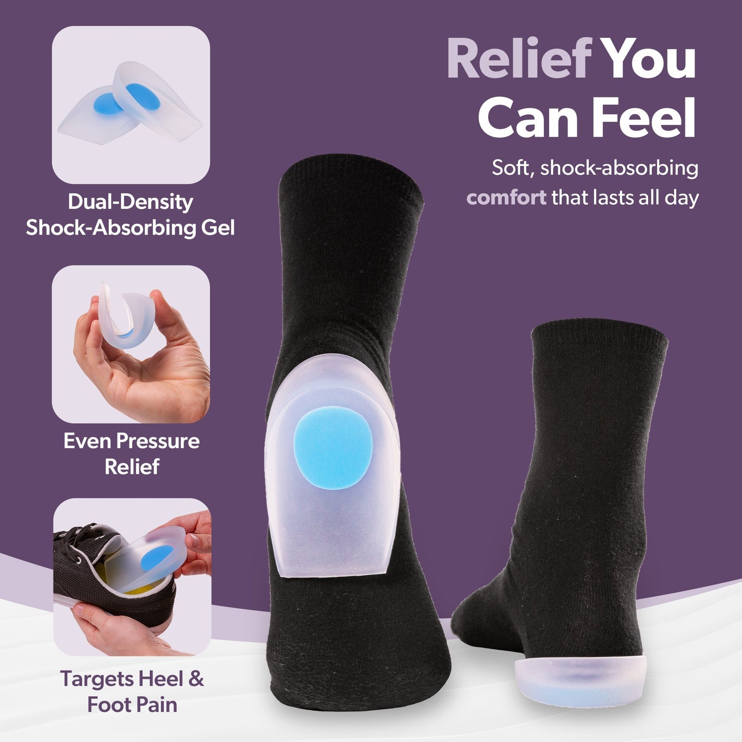 Silicone Heel Spur Shoe Inserts with Gel Cushions - Unisex Pain Relief - Lexians