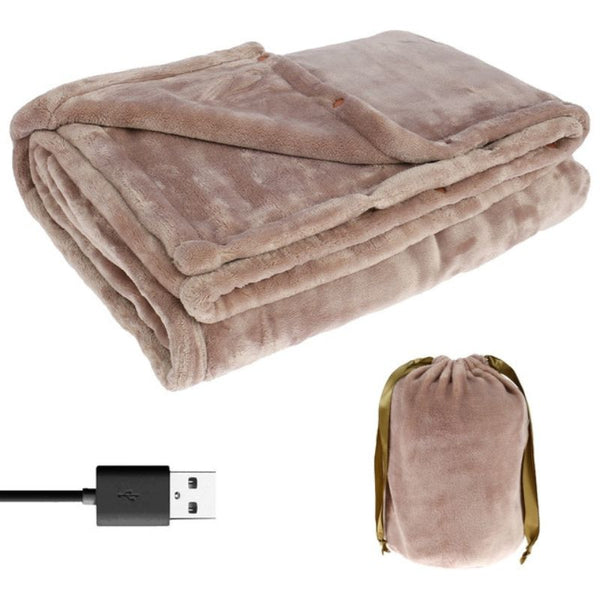 "Soft flannel cordless electric heated blanket in pink, USB powered for warmth on demand, perfect for chilly nights."