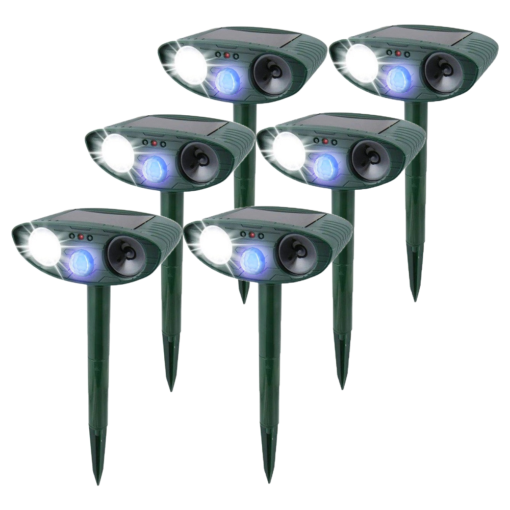 "Solar-powered ultrasonic rabbit repeller with dual sensors and LED lights for effective garden protection against rabbits."