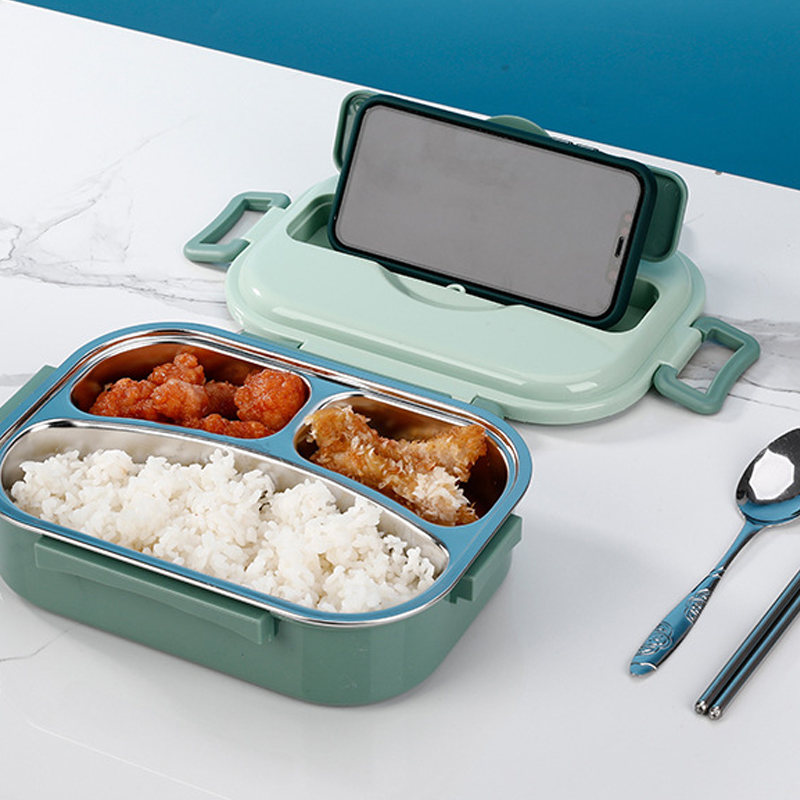 Stainless steel thermal lunch box, multiple compartments, sleek design, vibrant colors: yellow, green, pink, blue, keeps food