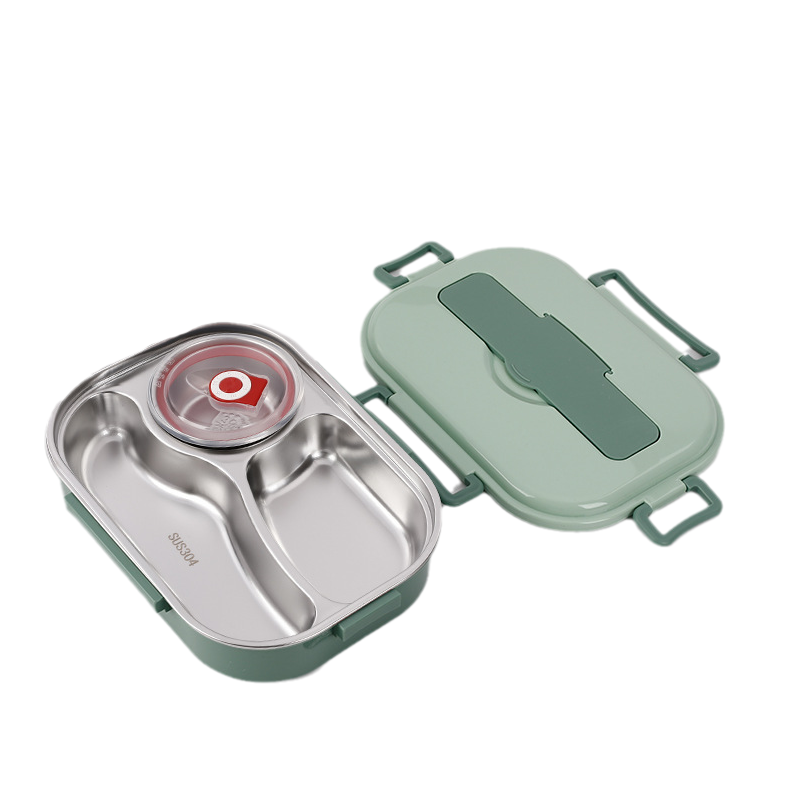 Stainless steel thermal lunch box, multiple compartments, sleek design, vibrant colors: yellow, green, pink, blue, keeps food