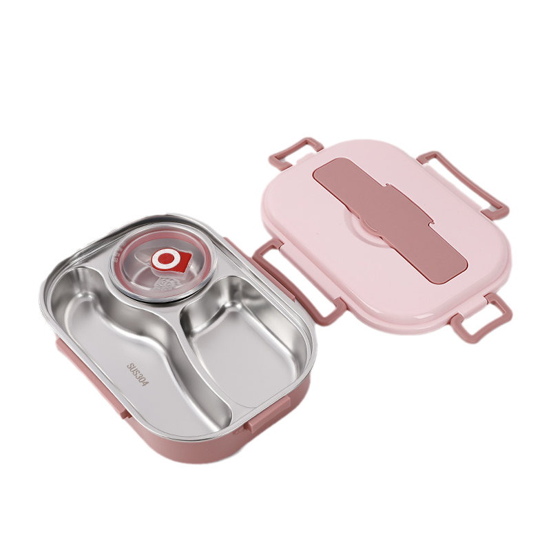 Stainless steel thermal lunch box, multiple compartments, sleek design, vibrant colors: yellow, green, pink, blue, keeps food