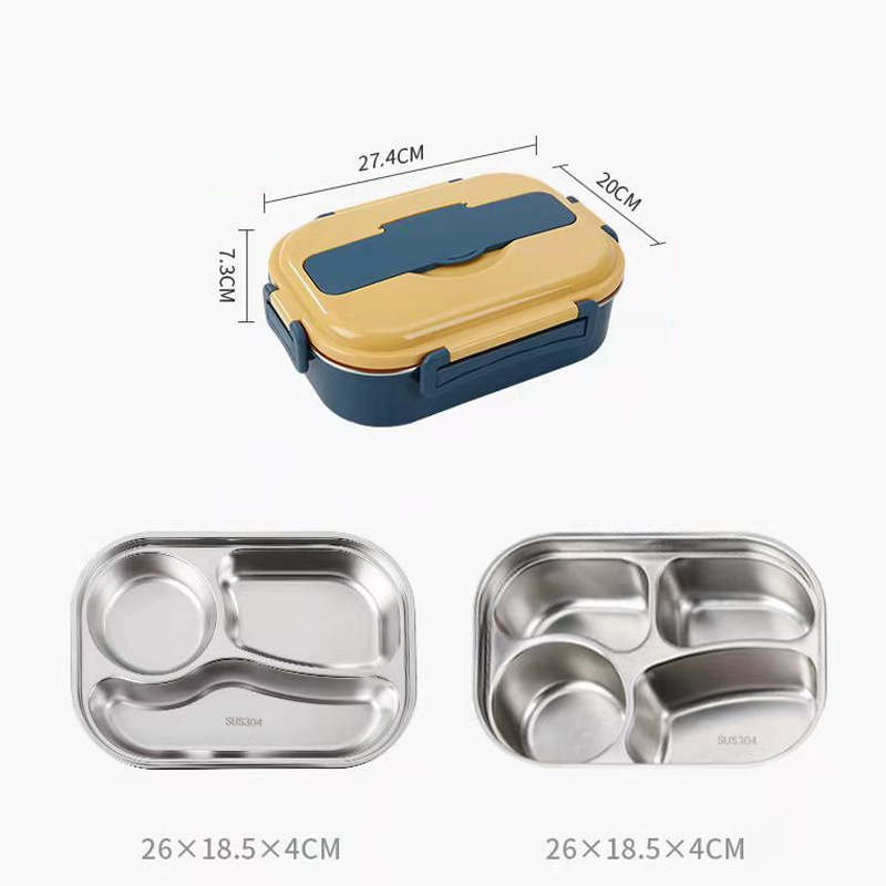 Stainless steel thermal lunch box, multiple compartments, sleek design, vibrant colors: yellow, green, pink, blue, keeps food