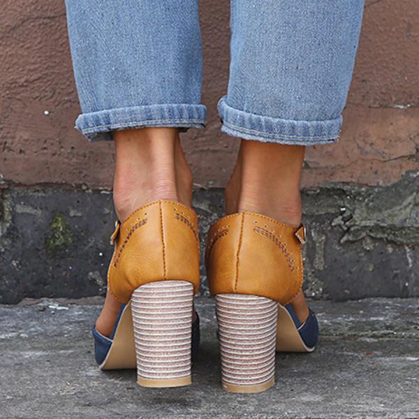 "T-Strap block heels with vintage charm, closed round toe, adjustable ankle buckle, faux suede finish."