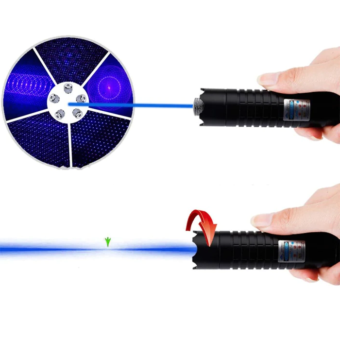 "Tactical laser torch emitting a bright blue beam, ideal for outdoor adventures and survival, made of sturdy aluminum."