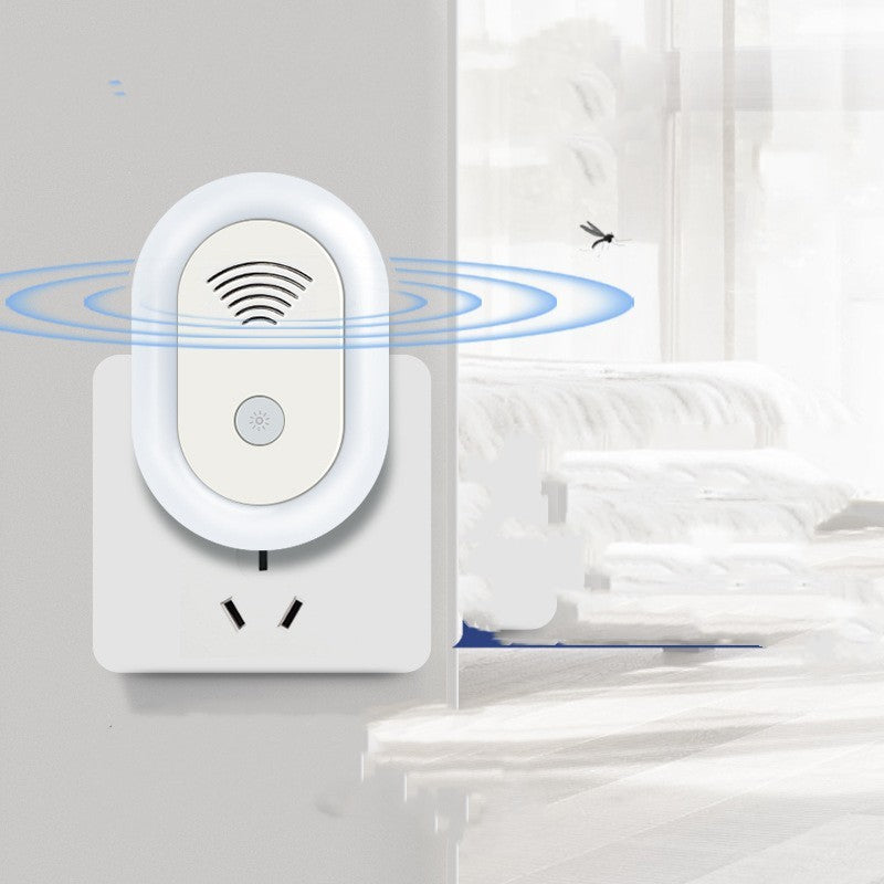Ultrasonic Pest Repeller for Indoor Use, chemical-free, discreet white design, targets mosquitoes and rodents.