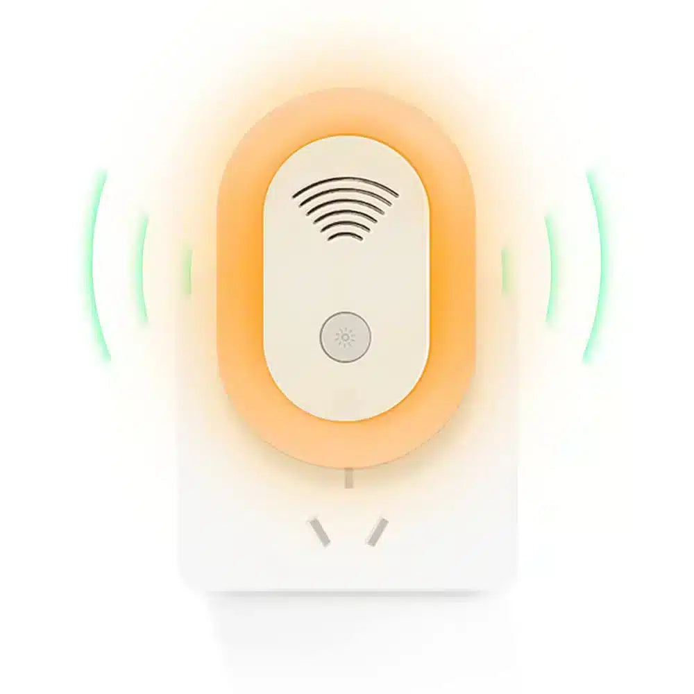 Ultrasonic Pest Repeller for Indoor Use, chemical-free, discreet white design, targets mosquitoes and rodents.
