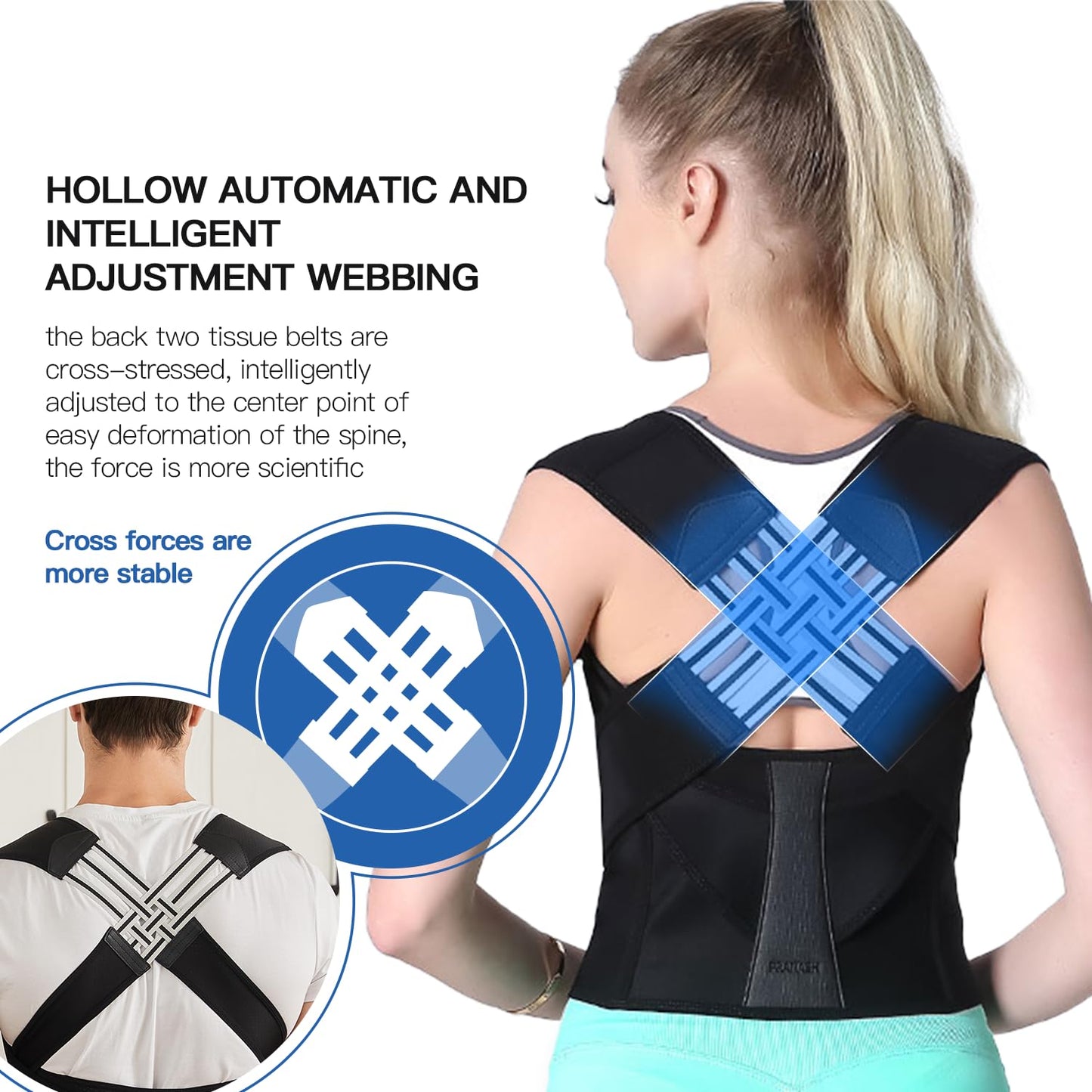 Unisex adjustable back posture corrector, black, breathable straps, worn discreetly under clothes, supports spine alignment.