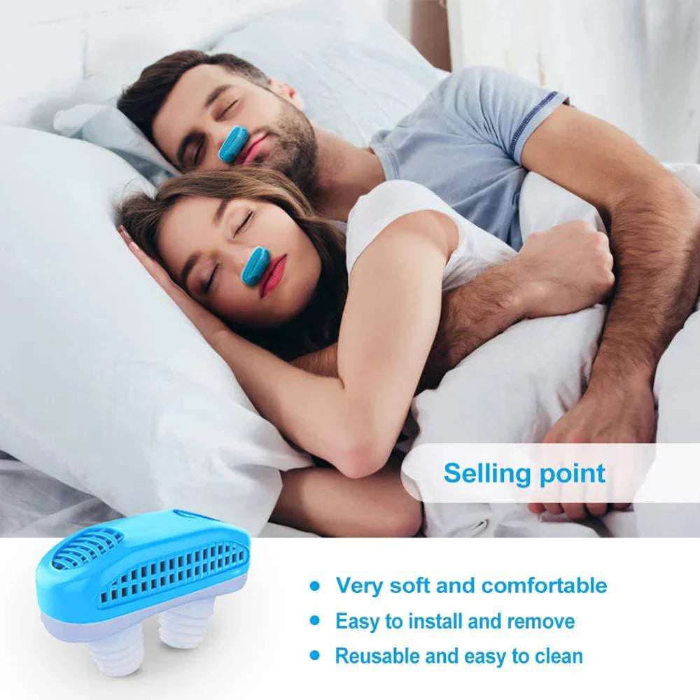 "Unisex compact anti-snoring micro-CPAP accessory, white and blue, featuring a sleek, portable design for comfortable sleep a