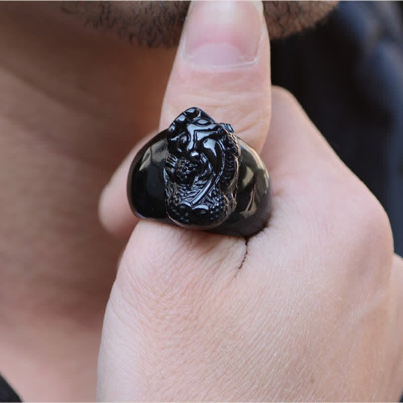 Unisex FengShui PiXiu Black Obsidian Strength Ring - Lexians