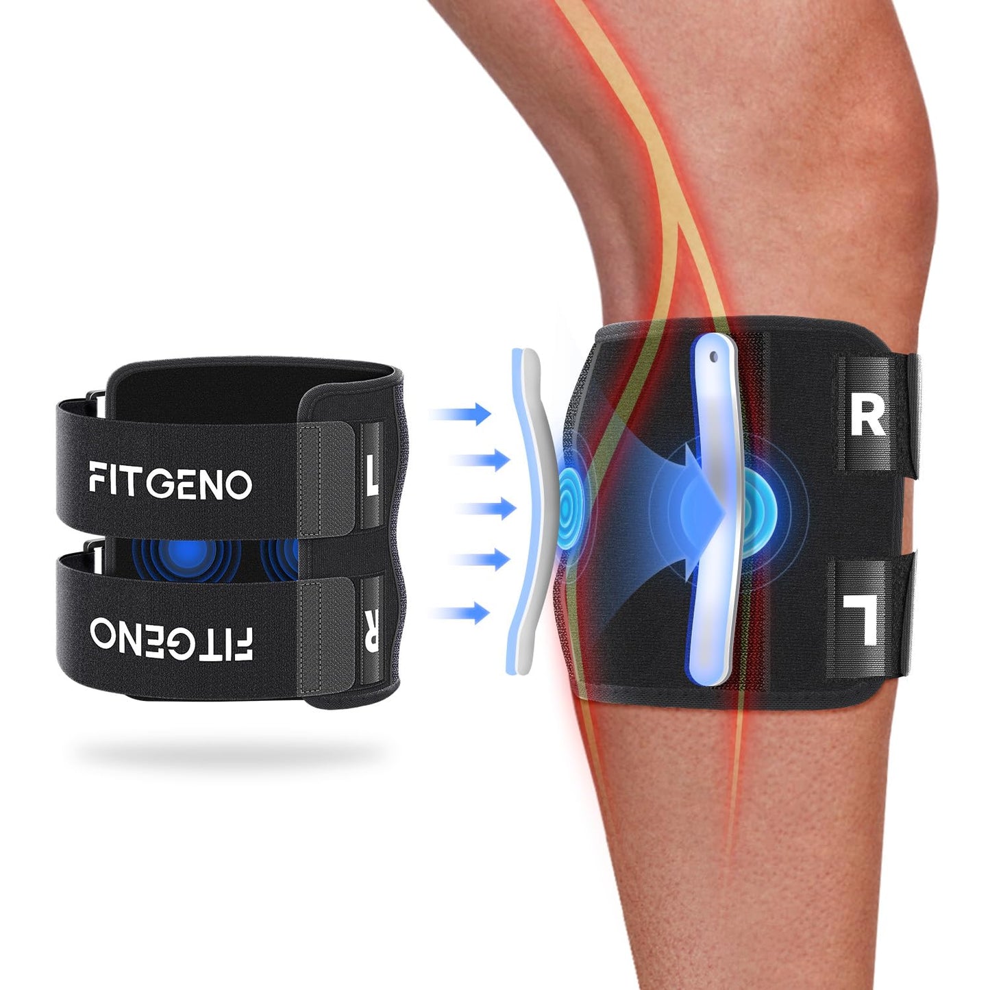 Unisex sciatica relief knee brace with dual silicone pads, snug fit, adjustable straps, visible steel support bars, latex-fre