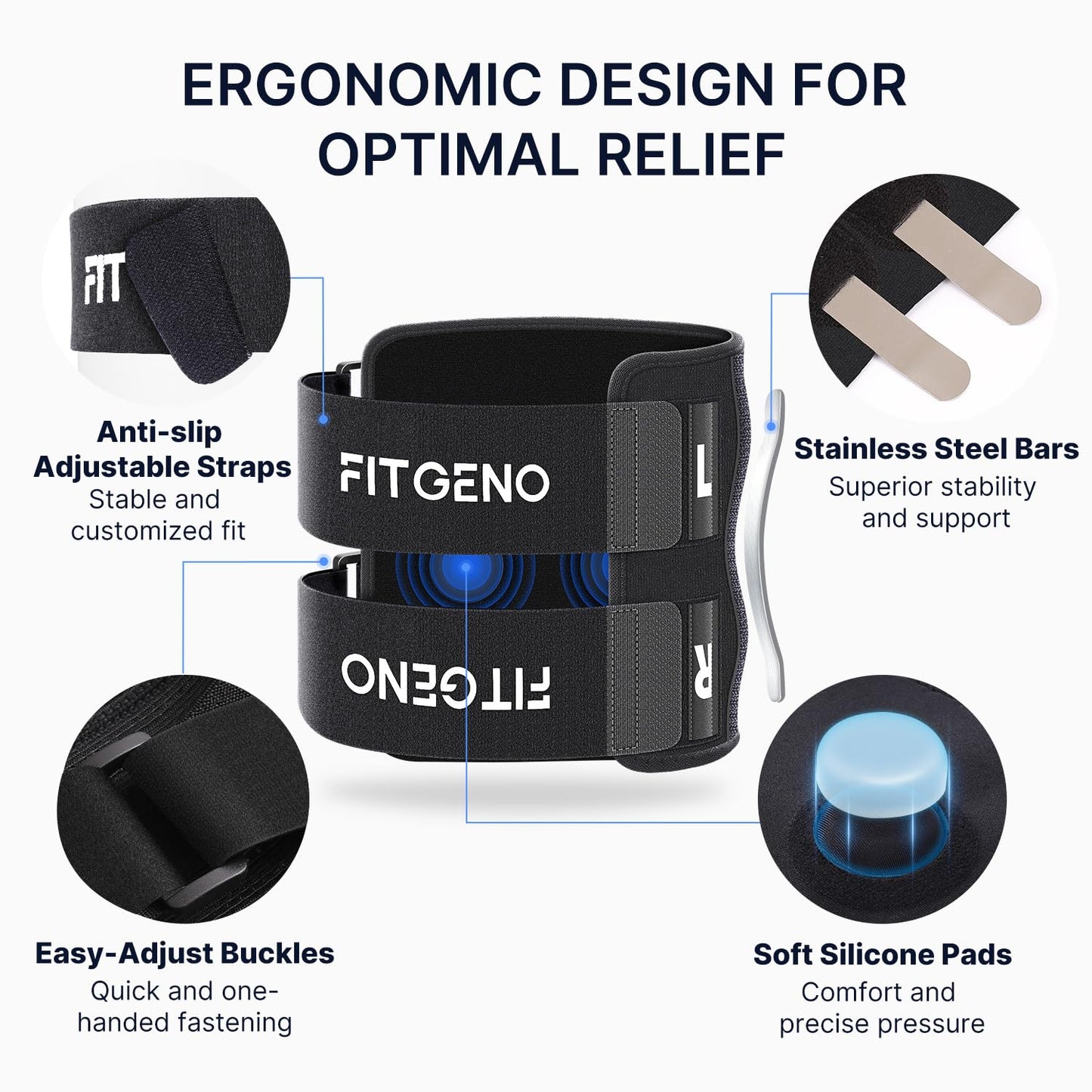 Unisex sciatica relief knee brace with dual silicone pads, snug fit, adjustable straps, visible steel support bars, latex-fre