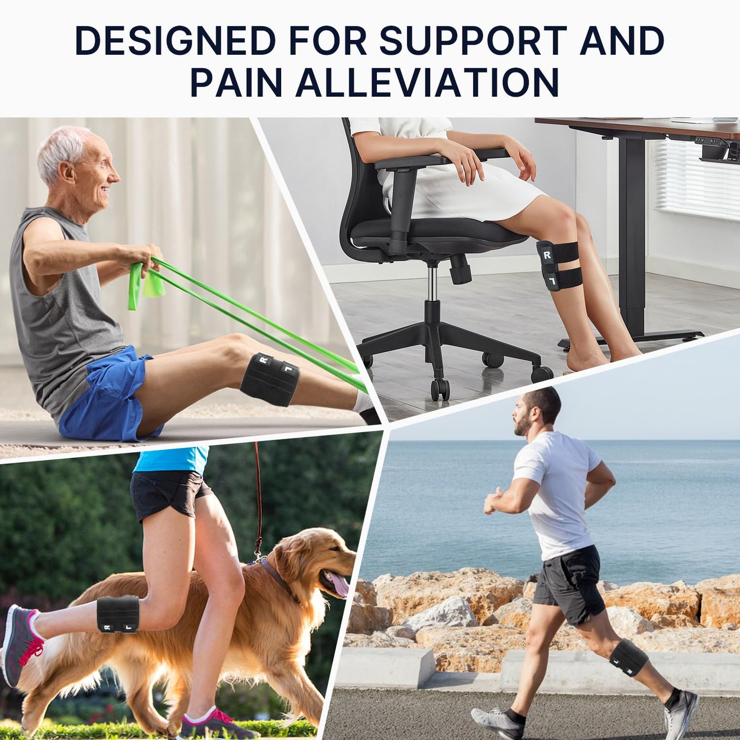 Unisex sciatica relief knee brace with dual silicone pads, snug fit, adjustable straps, visible steel support bars, latex-fre