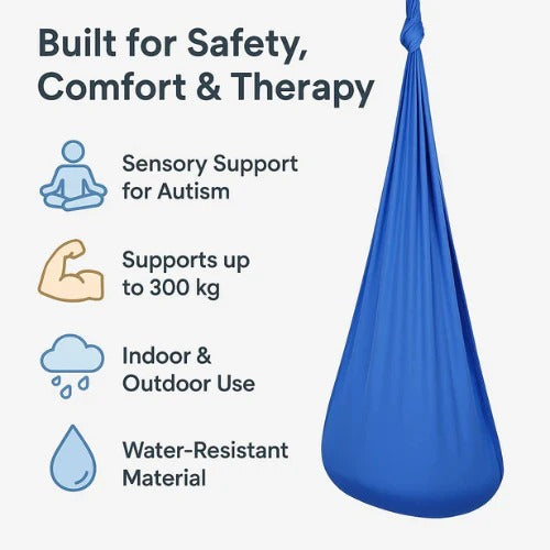 Unisex sensory swing hammock for indoor and outdoor use, blue, crafted fabric supporting up to 300 kg, transforms any space.