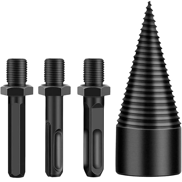 "Universal Shank Firewood Drill Bit in use on wood log, showcasing non-slip design for easy and efficient wood splitting."