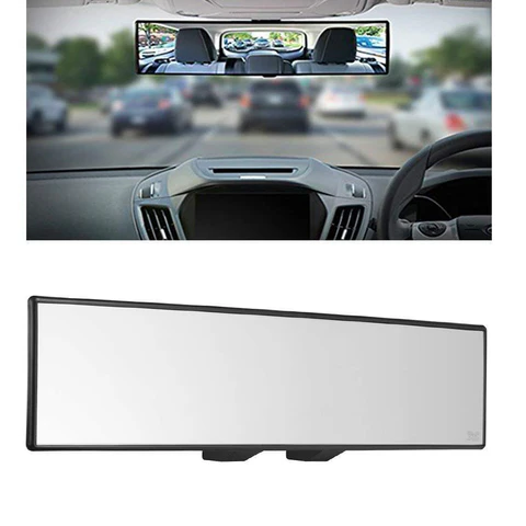 Universal wider view rearview mirror with 11.8" convex design, reducing blind spots; glass and ABS plastic; easy clip-on inst