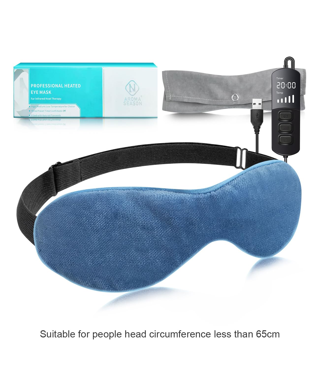 "USB-Powered Eye Heating Pad Mask for dry eyes, soft cotton, blue, with adjustable settings and USB cable."