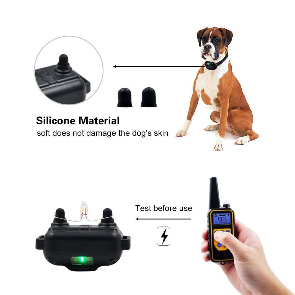 "Waterproof electric dog training collar with remote, 800m range, features multi-mode training and rechargeable LCD display."