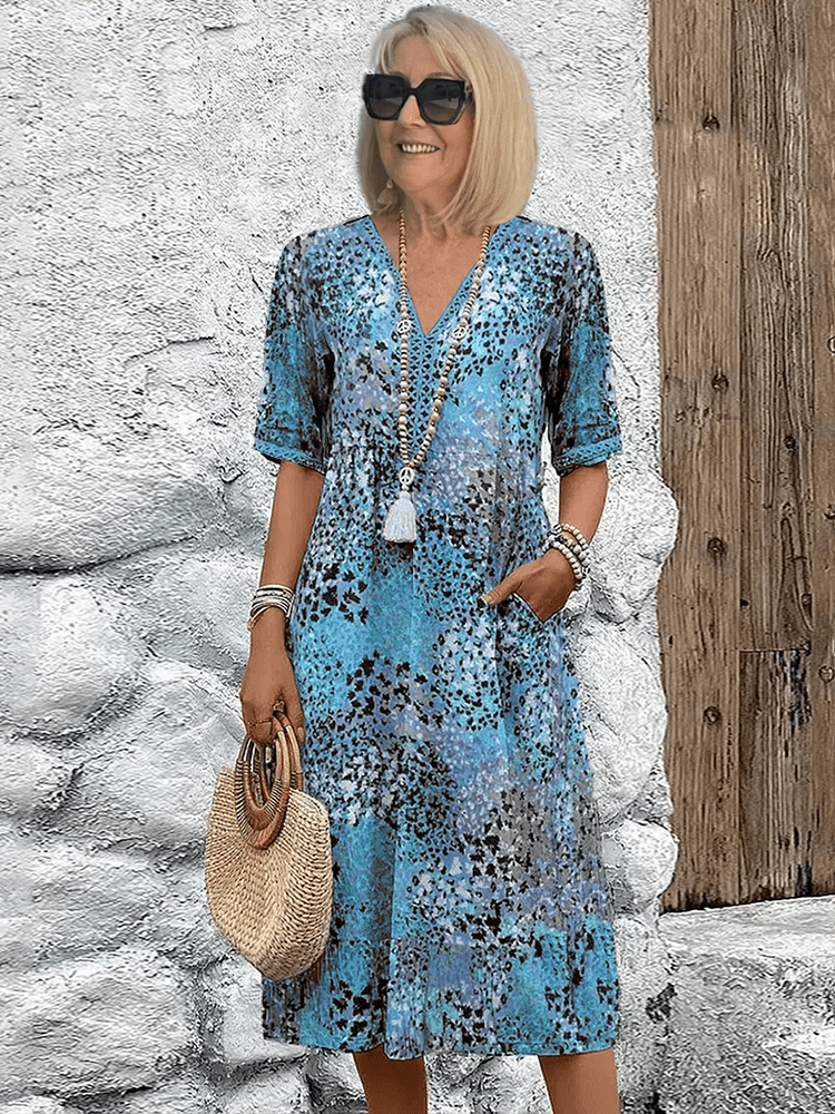 Women's Abstract Print Summer Dress with Side Pockets - Lexians