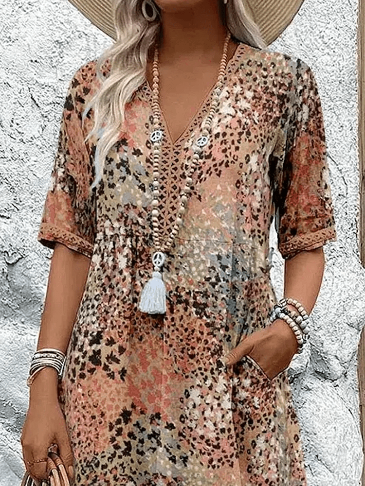 Women's Abstract Print Summer Dress with Side Pockets - Lexians