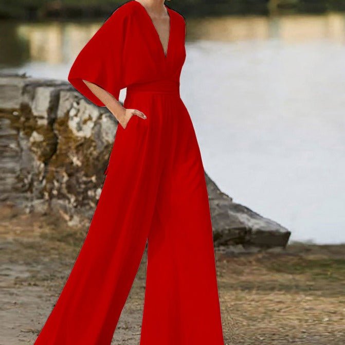 Women's Elegant V - Neck Jumpsuit with Half Sleeves in Cotton Blend - Lexians