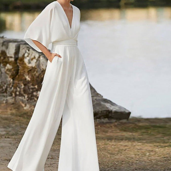 Women's Elegant V - Neck Jumpsuit with Half Sleeves in Cotton Blend - Lexians