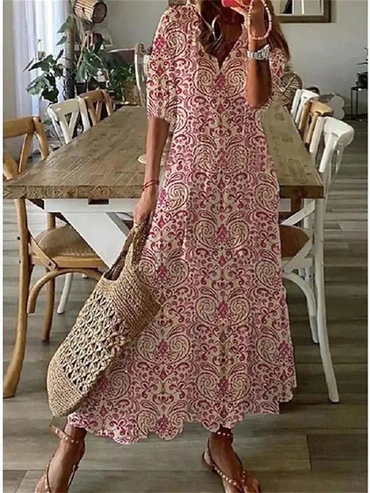 Women's Floral Maxi Dress with Tassel Tie V - Neck - Lexians