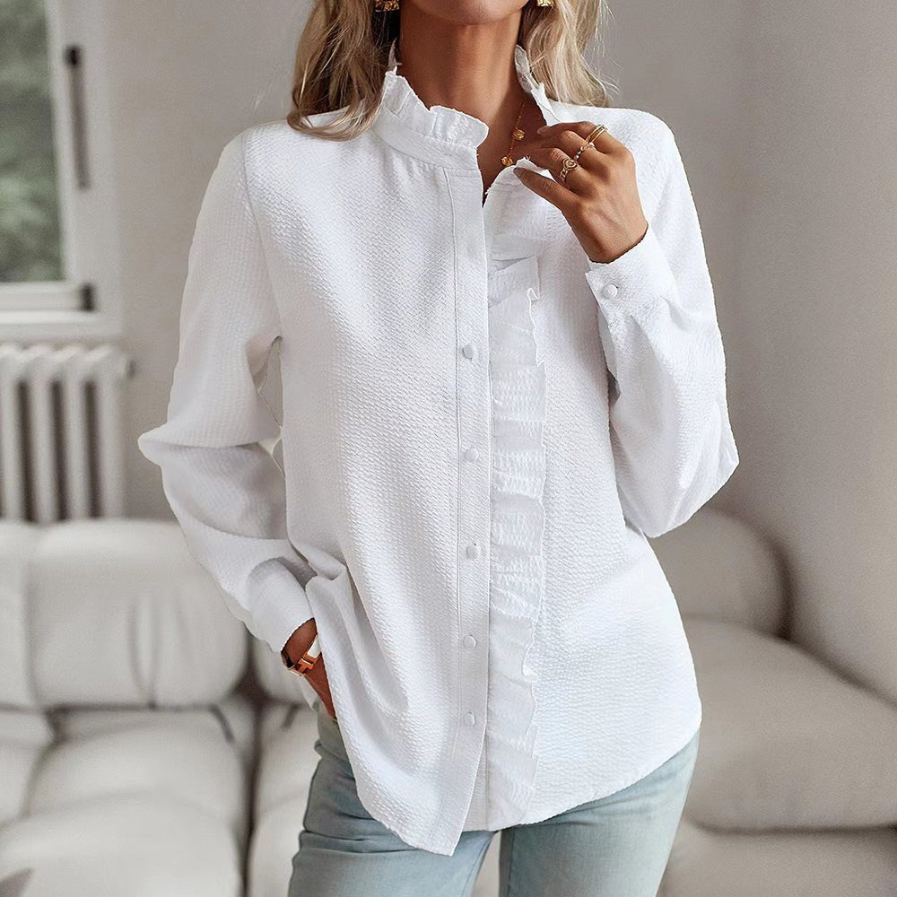Women's Ruffle Trim Long Sleeve Shirt in Cotton - Poly Blend - Lexians