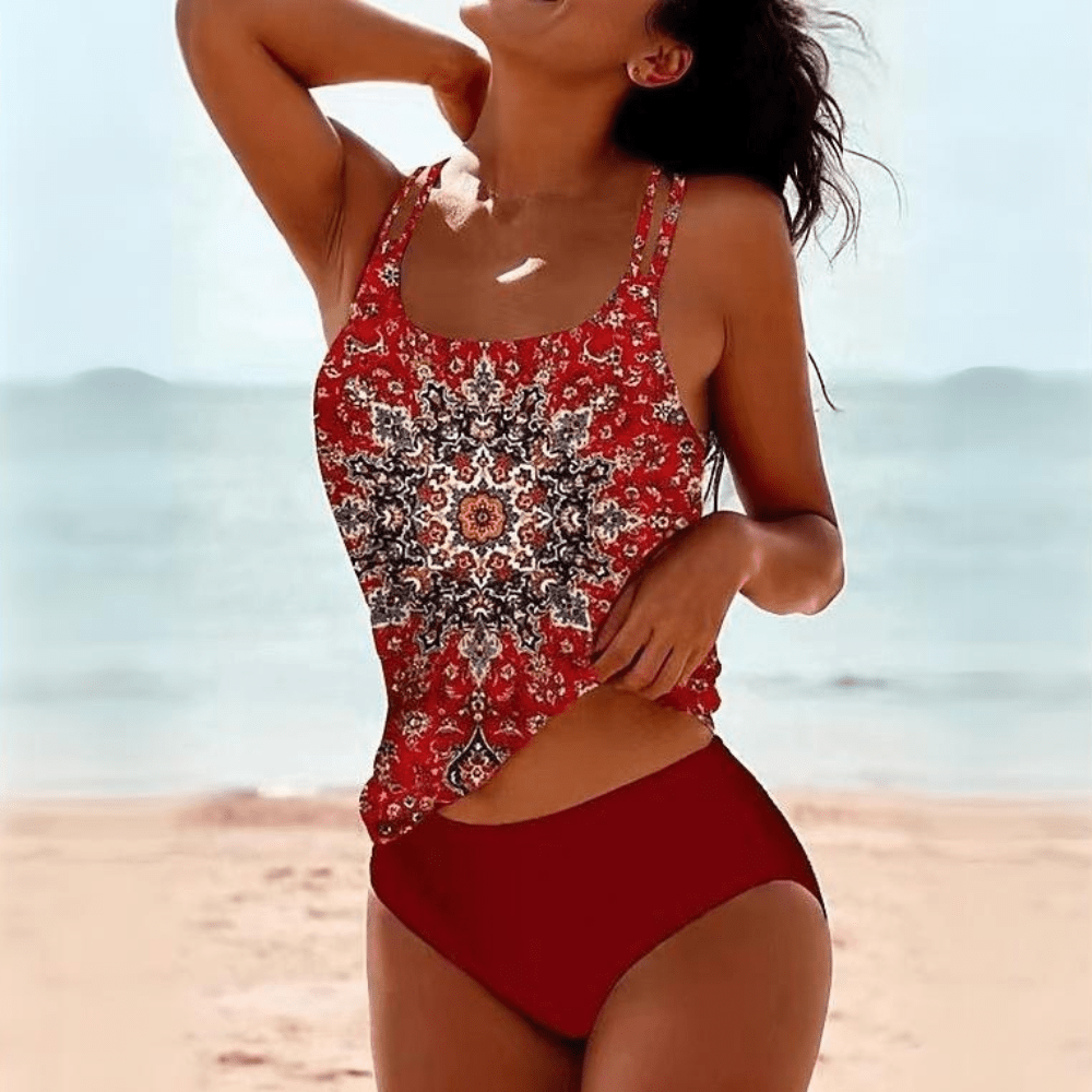 Women's Scoop Neck Tankini Set with High - Waisted Bottoms - Lexians
