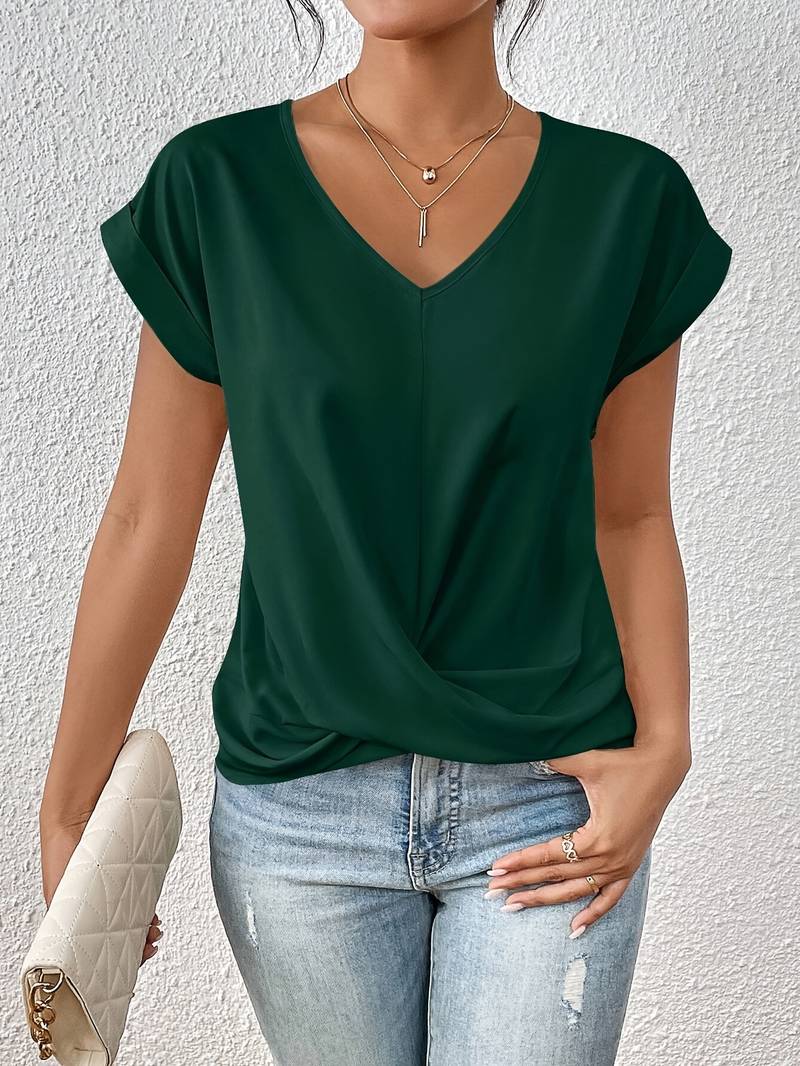 Women's v-neck twist-knot blouse, various colors, flowy fit with short sleeves, lightweight fabric.