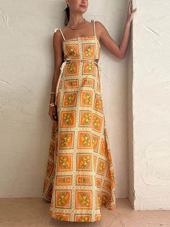 Casual orange flowy maxi sundress for women, featuring a chic square neck design for summer outings.