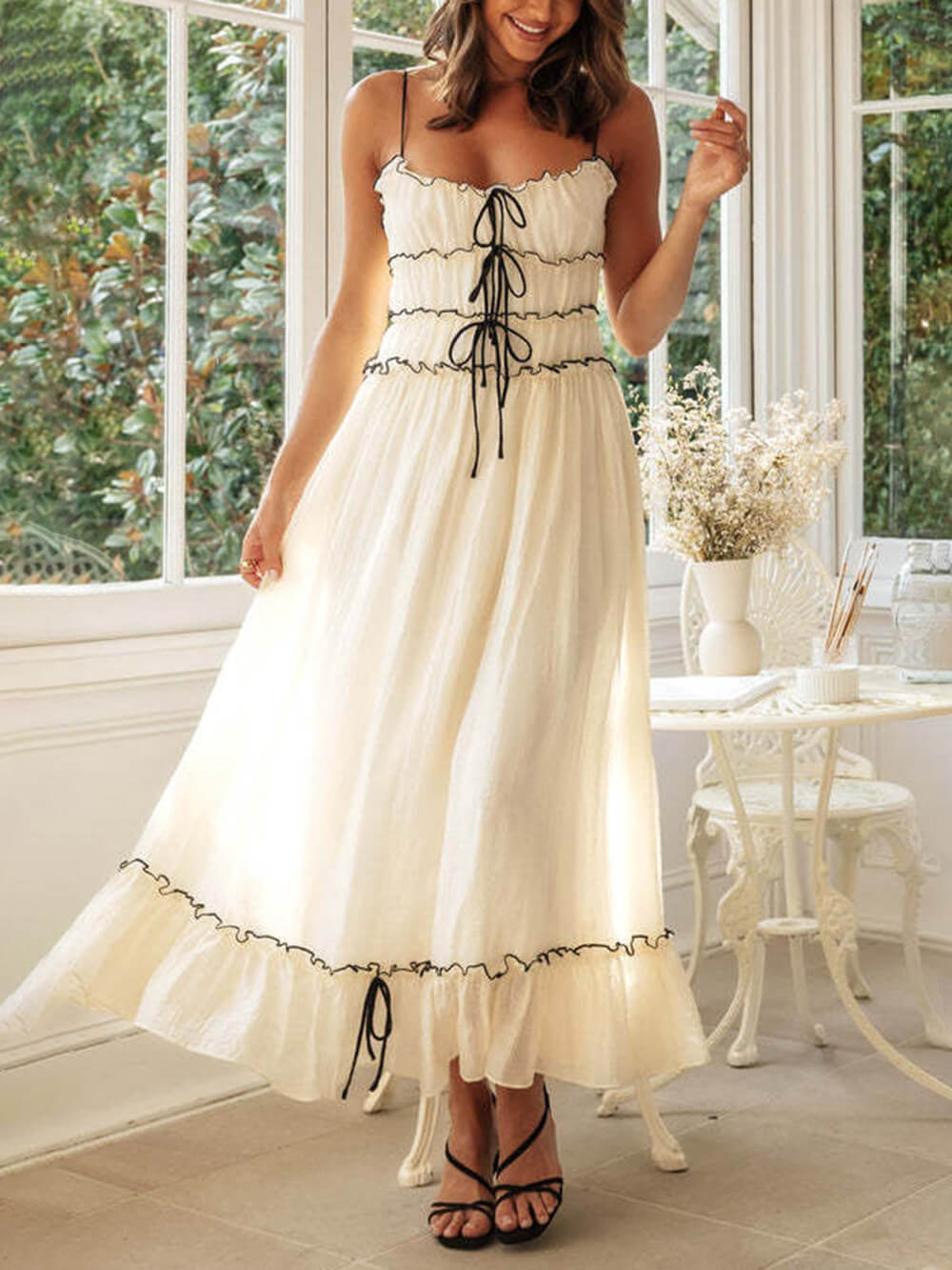 Effortless women's midi boho dress, spaghetti strap sundress, casual bohemian style.