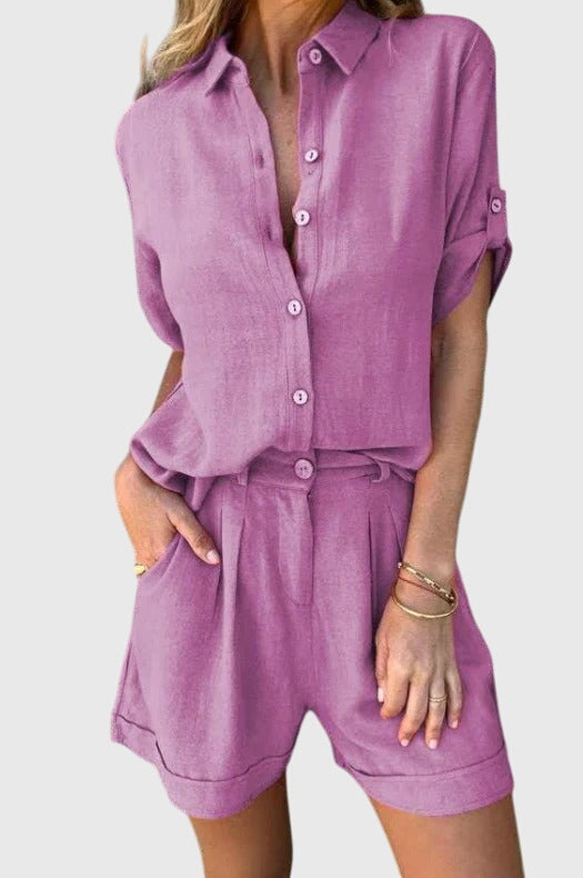 Complete women's short sleeve two piece shorts set, a stylish and comfortable matching outfit for casual summer days.