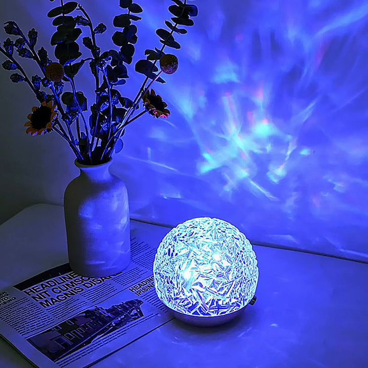Relaxing ocean wave projector lamp creating serene ambiance in a bedroom. Perfect LED mood light for relaxation decor.