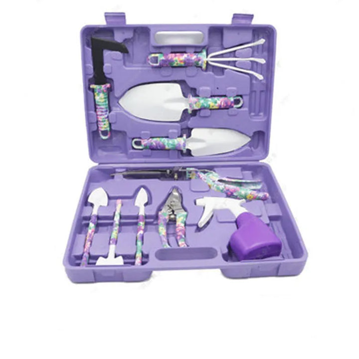 Close-up of premium stainless steel garden tools & storage case. Durable set for effective indoor/outdoor gardening.