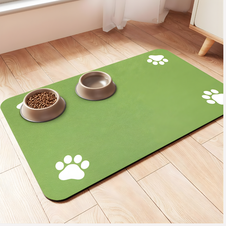 Absorbent pet feeding mat for dog & cat food & water bowls. Floor protector, non-slip, easy clean.