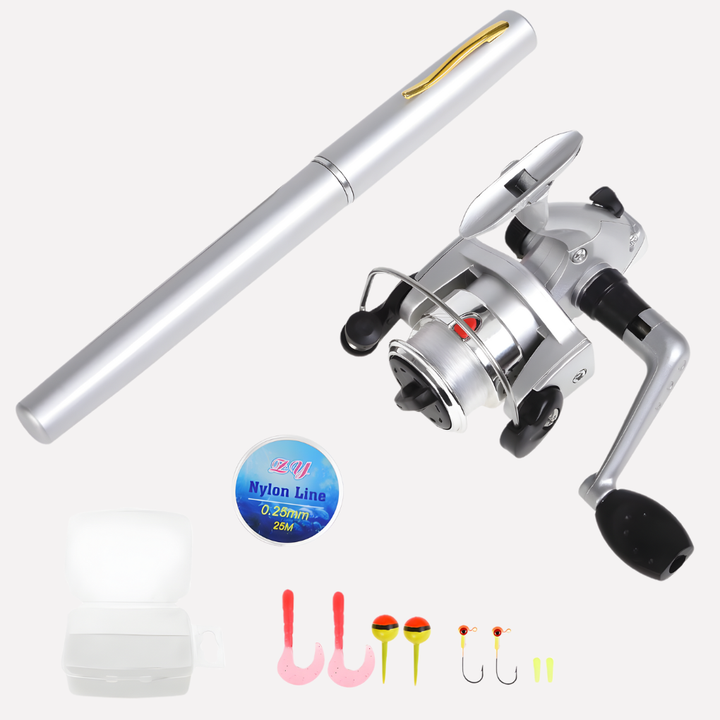 Compact telescopic fishing rod and reel combo. Ideal for travel, this portable mini fishing kit fits in your pocket.