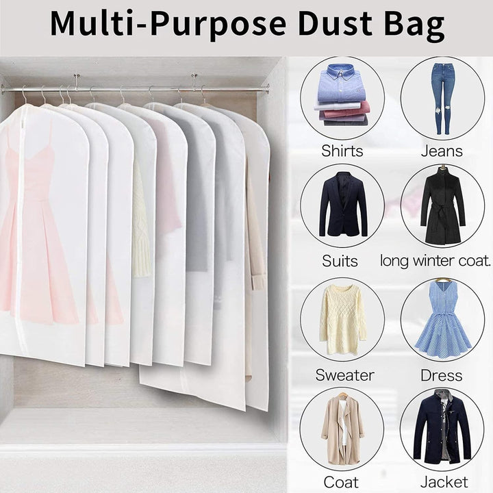 Unisex 12-pack clear PEVA garment bags for dustproof clothes storage & wrinkle prevention.