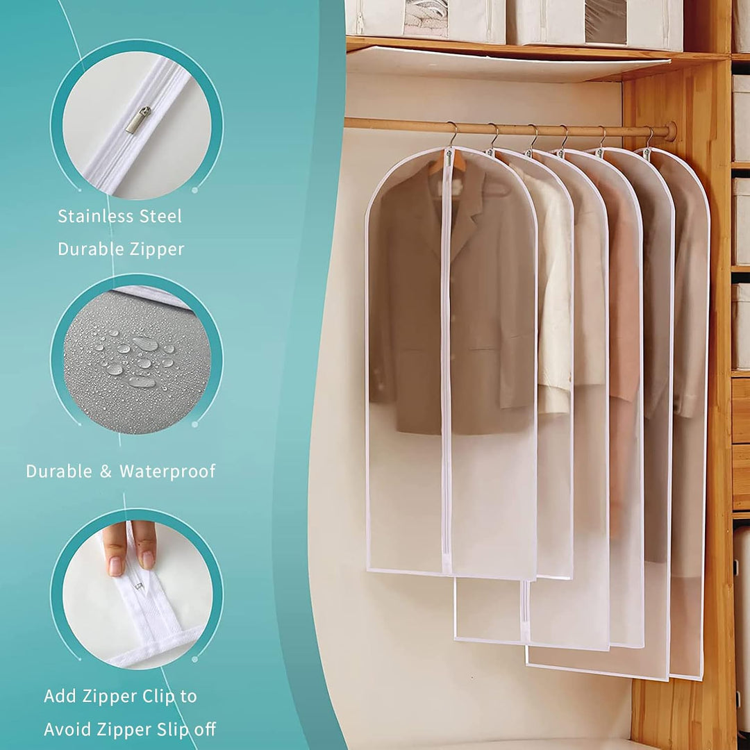 Unisex clear garment covers (12-pack) protect clothes from dust & wrinkles for wardrobe storage.
