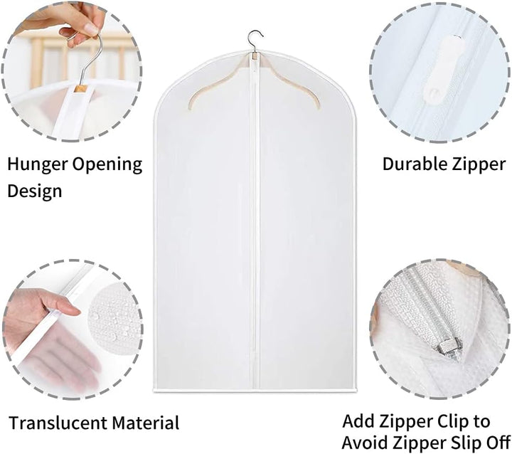 12-pack transparent PEVA garment bags for breathable, dustproof protection of valuable clothes.