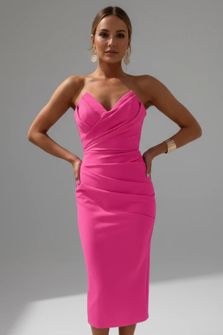 Stylish sleeveless ruched sweetheart midi dress for women, elegant fitted for special occasions.