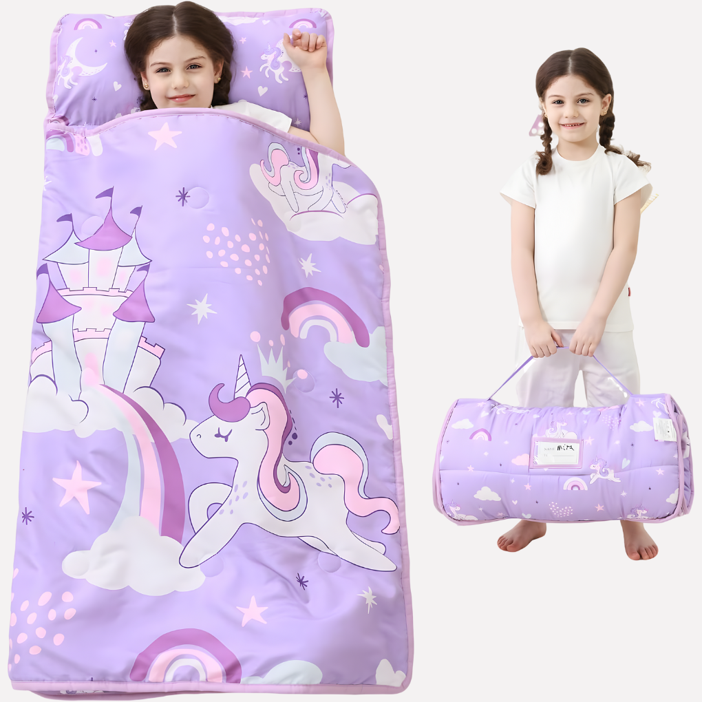 Children's bedding solution: Toddler nap mat with attached pillow and cozy blanket for peaceful sleep.