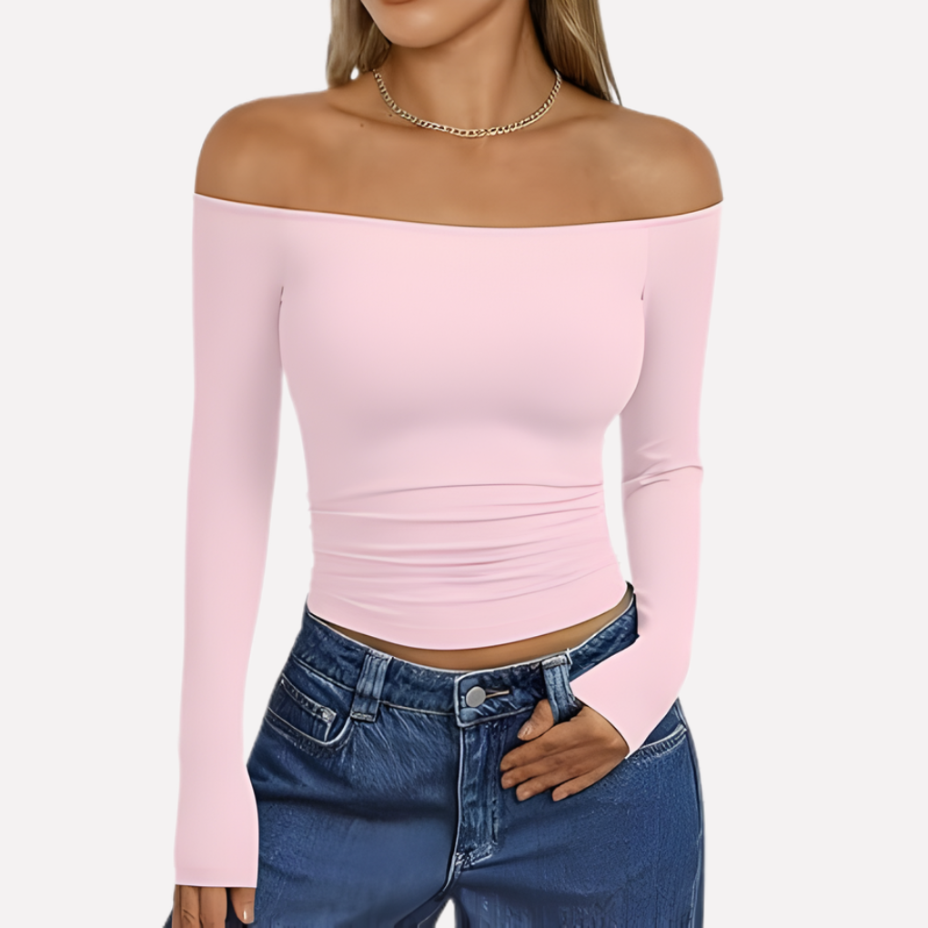 Versatile women's off-shoulder long sleeve top, perfect for transitioning seasons with chic style.
