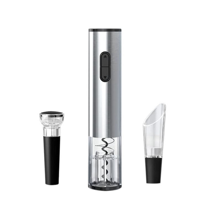 Sleek stainless steel electric wine opener, rechargeable for easy and quick cork removal.